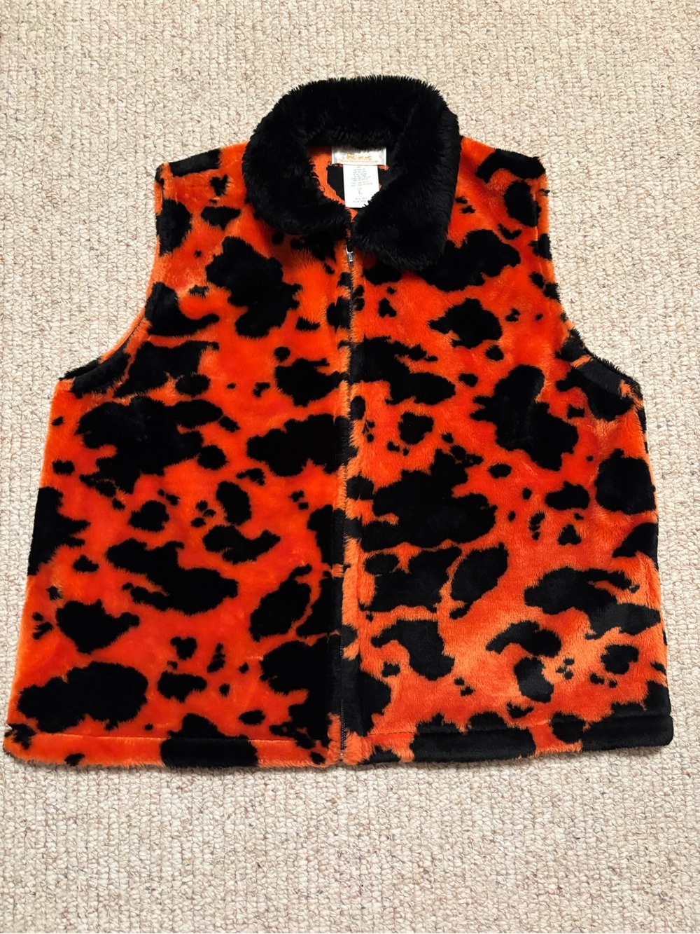 Womens Large Orange and Black Faux Fur Vest - Cozy Patterned Vest